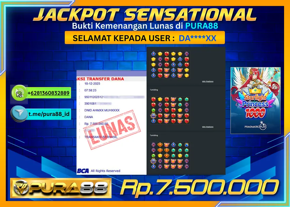 PURA88 JACKPOT STARLIGHT PRINCESS 1000 Rp 7.500.000,- LUNAS